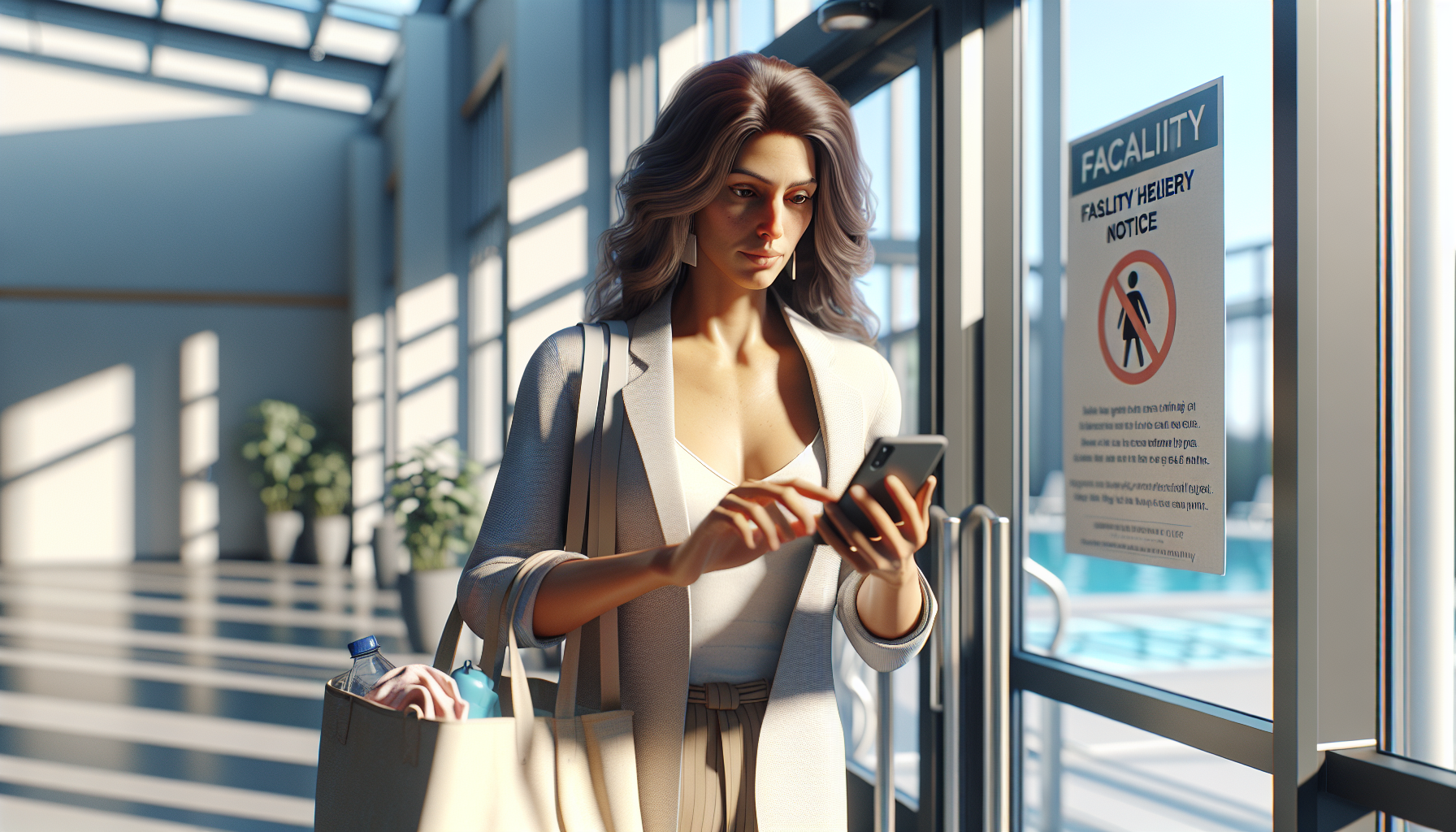 수영장 앞 위생 공지를 보는 엄마