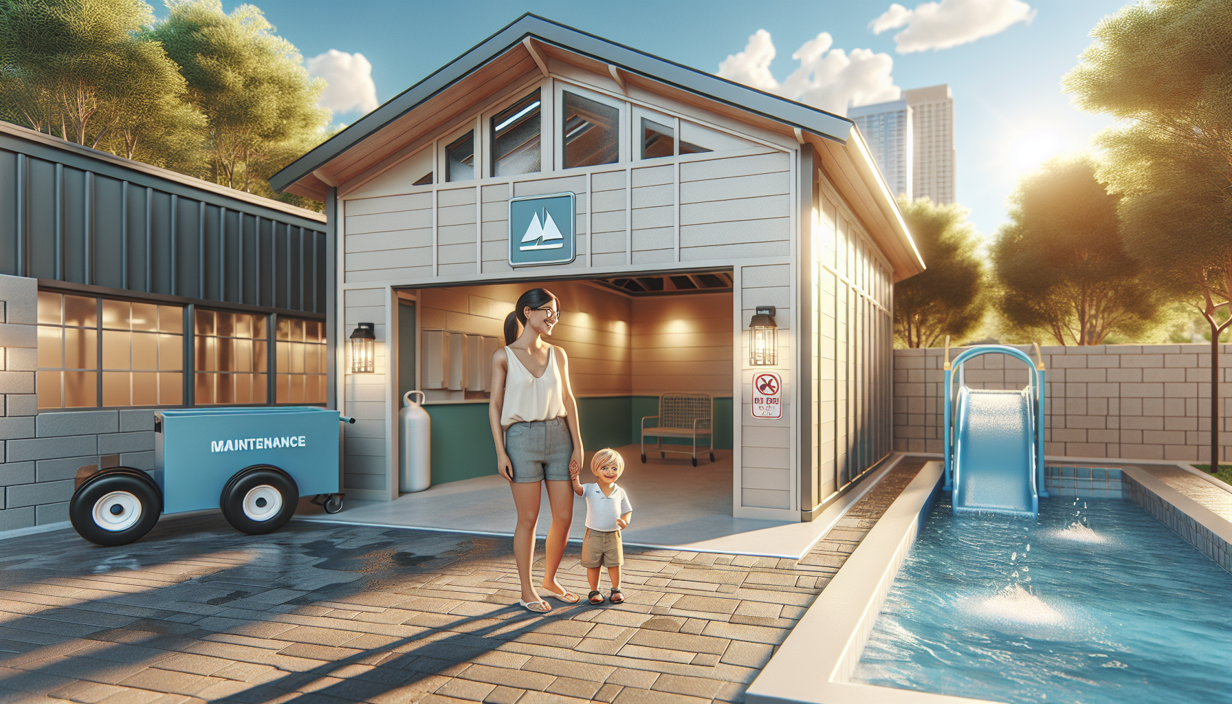 가족 시설 입구를 살피는 엄마